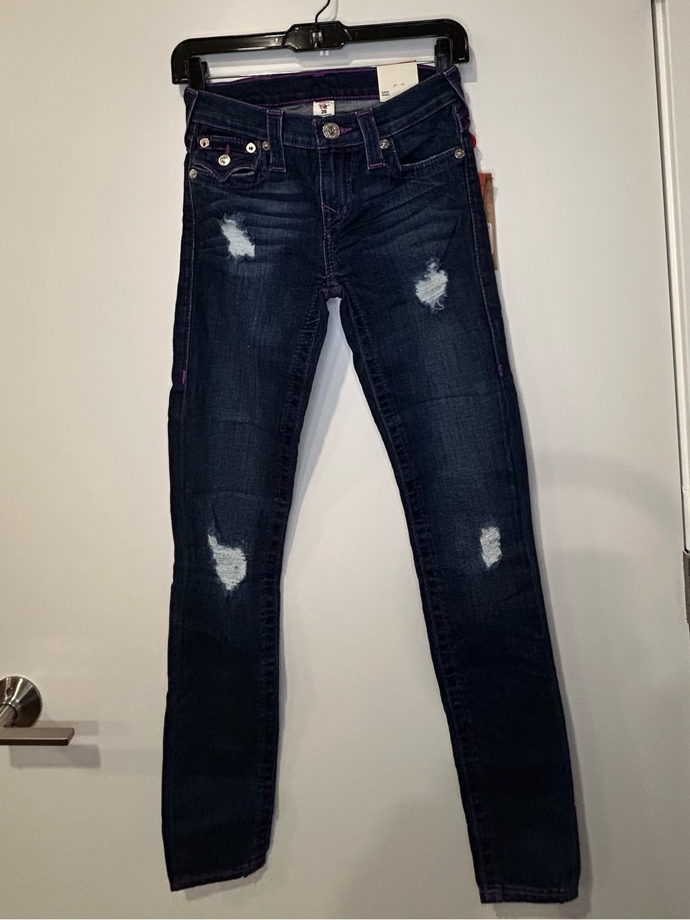 True Religion Super Skinny Flap Jeans Neon Purple Stitch Y2K Size 25